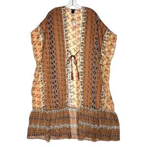 Steve Madden Ruffle Duster Printed Kimono with Tie Tan Floral Womens OS